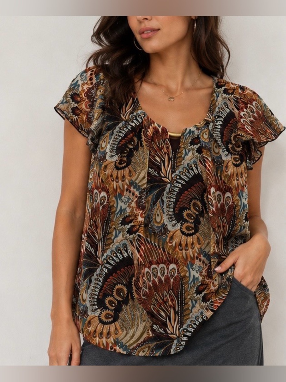 NEW Dressbarn Women’s S Paisley Print Blouse Flutter Sleeve Gold Bar Boho Top